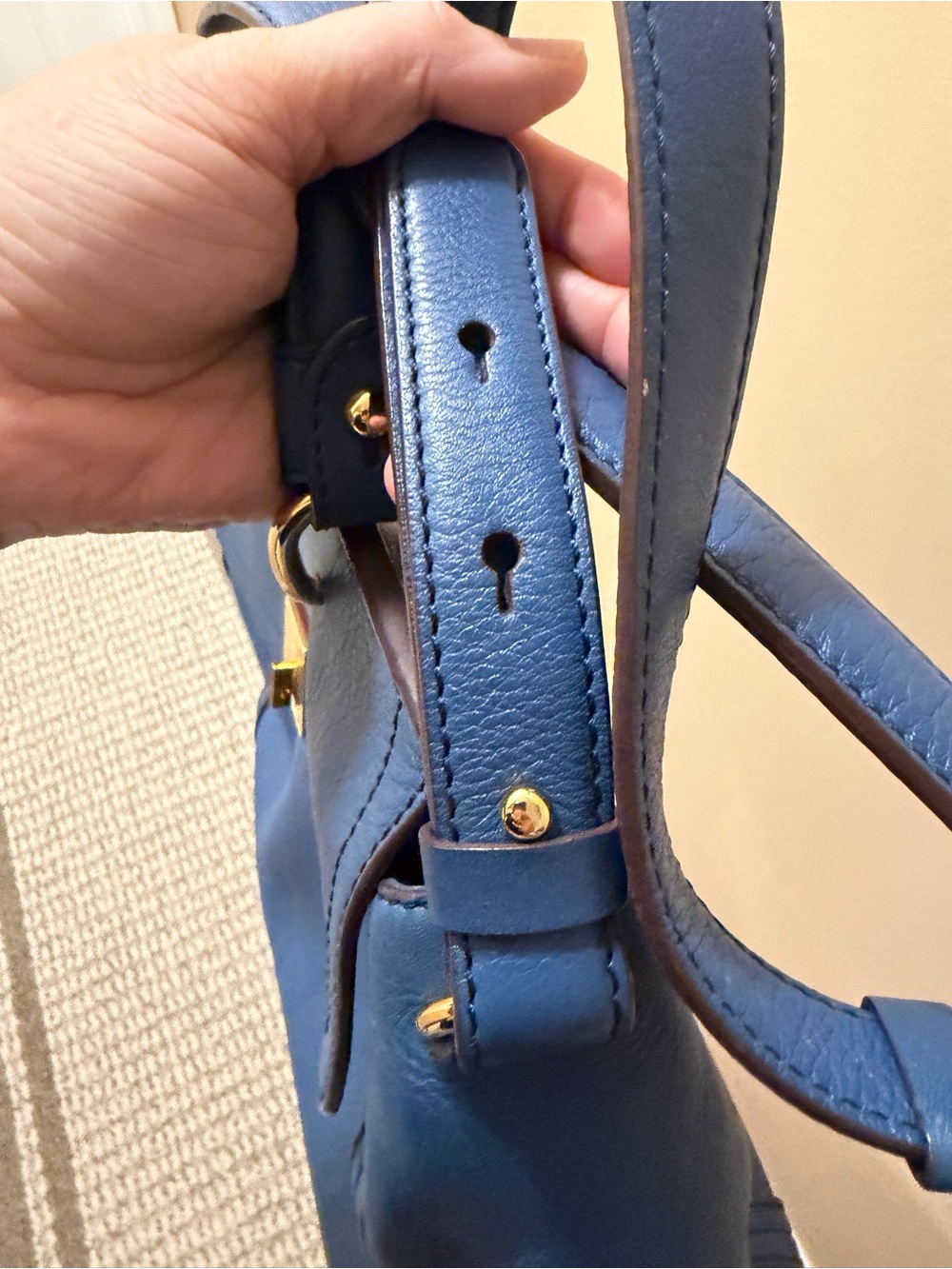 MCM Blue Leather Top-Handle Satchel Bag with Gold Hardware - Picture 15 of 15